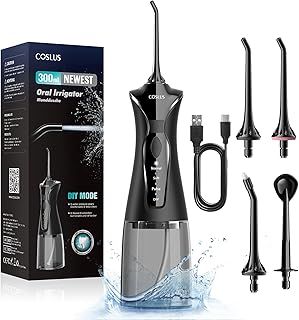 COSLUS Water Teeth Flosser Picks: 4 Modes Cordless Irrigator 300ML Portable Electric Flossing Machinerie for Teeth Cleaning Rechargeable Waterproof Tooth Pick Set Cleaner for Travel Home C30(FC5360)