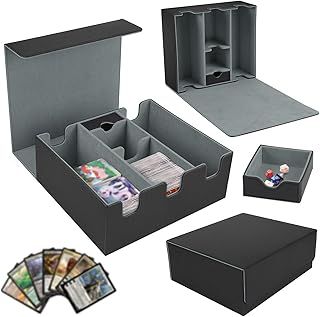 MTG Commander Deck Box, Trading Card Storage Box Holds 160+ Cards with Display Windows, Magic the Gathering Card Case, PU Leather Strong Magnet Card Deck Case with Dice Tray & Toploaders (Gray)