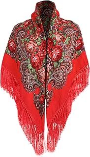 AMhomely Winter Large Scarf for Women - Traditional Russian Ukrainian Polish Floral Knitted Wrap Shawl With Fringe - Vintage Tassel Neck Head Wrap