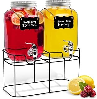 Glass Drink Dispenser with Tap - 2 x 4 Litre Mason Jar Drink Dispenser with Leakproof Tap & Metal Wire Stand - Drinks Dispenser, Cocktails, Empty Beverage Dispenser