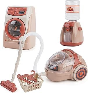 Washing Machine With Vacuum Cleaner and Water Dispenser Toy Set, Cleaning Play Set for Kids With Variety of Accessories and Realistic Functions, Educational Pretend Household Tool