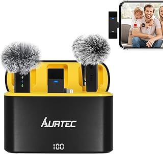 AURTEC Wireless Lavalier Microphone with Charging Case for iPhone, iPad with Lightning Port, Set of 2, Plug & Play, 100 Ft Range, Noise Cancellation and Large Battery