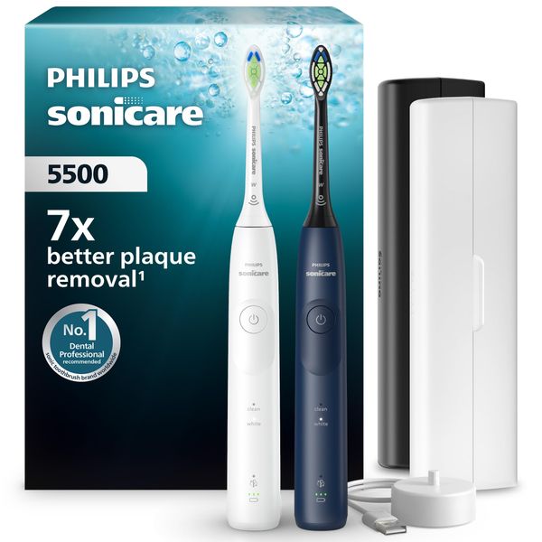 Philips Sonicare 5500 Electric Toothbrush, Sonic Toothbrush with 2 Modes, Pressure Alert, EasyStart, SmarTimer and BrushPacer, White and Navy, 2 Pack, Model HX7119/01 [New Technology]