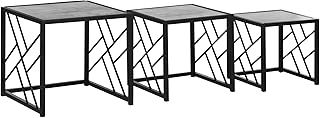 HOMCOM Nesting Coffee Tables, Set of 3 Square Side Tables with Black Metal Frame, for Living Room, Bedroom and Office, Grey