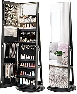 COSTWAY 360° Swivel Jewelry Cabinet, Lockable Jewelry Armoire Storage Unit with Full-Length Mirror & 3-Color Auto-on LED Lights, Home Bedroom Dressing Room Cosmetics Jewellery Organiser (Brown)