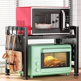 Kitstorack Adjustable Microwave Oven Rack,Microwave Stand Shelf Heavy Duty 2-Tier Shelf with Cutting Boards Stand for Kitchen Shelves Counter Top Organizer, Holds 180lbs,4 Hooks