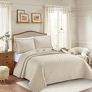 PRIME LINENS 3 Piece Inspiration Quilted Bedspread Embossed Pattern Comforter Bedding Set Bed Throw with Pillow Case (Beige, Super King 3 Piece)