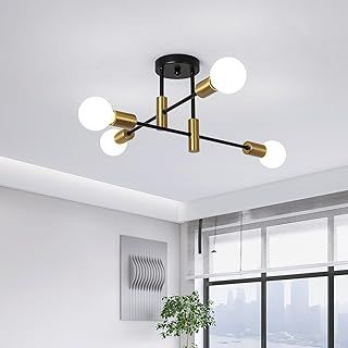 Modern Sputnik Chandelier, 4-Light Mid Century Semi Flush Mount Ceiling Light Fixture for Bedroom, Dining Room, Living Room, Kitchen, Office,Black+Gold