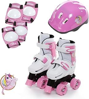 Girls Unicorn Design Pink White Quad Skates Kids Padded Roller Boots Childrens Safety Pads Helmet Skate Set Adjustable Size 9-12