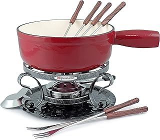 KF-66517 Lugano Fondue Set 9-Piece, Cast Iron/Stainless Steel, Cherry Red, 2L, Multi-Purpose Fondue Set for Cheese and Chocolate, Gift Boxed