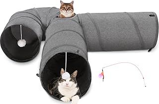 Ownpets Large Cat Tube Tunnel,3 Way U Shaped Pet Play Tunnel with Sturdy Oxford Fabric, Foldable and Resistant to Tearing, Featuring Multiple Exits, Hanging Ball and Teaser Wand, Dia 30CM