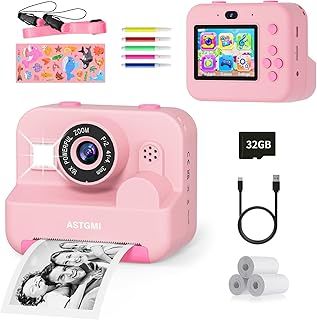 ASTGMI Kids Camera,Kids Instant Print Selfie Camera for Girls,1080P HD Digital Camera for Kids with Print Paper & 32GB Card, Christmas Birthday Gifts Kids Toys for 3-12 Years Old (Pink)