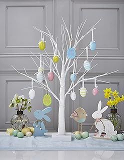 Celebright Easter Tree With Lights - 60cm/2ft White Table Top Easter Twig Tree - Pre-Lit with 24 Warm White LED Lights Battery Operated with Timer Function - Decorations Included