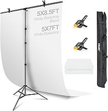 EMART White Background with Stand, 1.5x2.0m(5x7ft) Whitescreen with 1.5x 2.6m(5x 8.5ft) T-Shape Backdrop Support, Photography Studio Kit for Photoshoot Photo Video Recording Party
