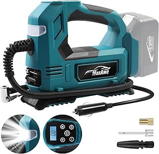 Cordless Air Compressor with Car Cable and 3 Nozzles, Portable Electrical Tyre Pump for Makita 18V, Wireless Tire Inflator for Cars Motors Bicycles Balls (NO Battery)