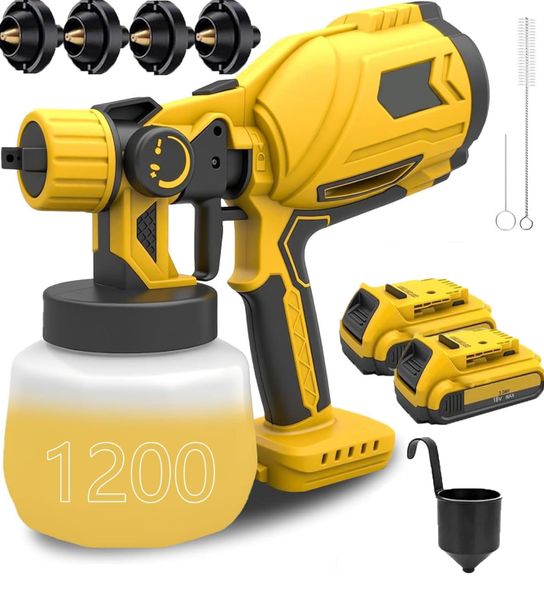 Paint Sprayer, Compatible with Dewalt,Cordless Electric Spray Gun with 1200ml Container,4 Nozzles,3 Patterns, Fence Paint Sprayers for Fencing Decking Wall Ceilings Home Furniture (2x 3.0Ah Battery)