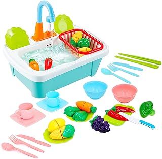 deAO 28pcs Pretend Wash-up Kitchen Sink Play Set Includes Cutting Toys, Kitchenware, Water Faucet & Drain– Great for Kids