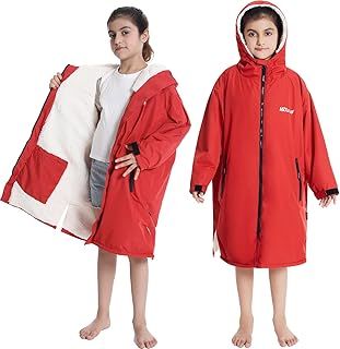 Hiturbo Kids Waterproof Changing Robe: Windproof Warm Swim Robe Oversized Surf Coat with Thick Fleece Lining Red