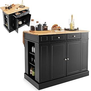 COSTWAY Drop-Leaf Kitchen Island, Storage Sideboard Cabinet with Extendable Rubber Wood Top, Drawers, Adjustable Side Racks & Shelves, Home Dining Room Cupboard Organiser, 120x90x92cm (Black)