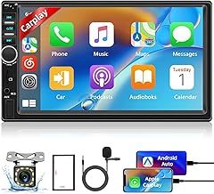 Podofo Double Din Car Stereo with Apple Carplay Android Auto,7 Inch Touchscreen Car Radio with Bluetooth5.1,Voice Control,MirrorLink,FM Radio,GPS,WIFI,USB/TF/AUX Port+MIC+AHD Backup Camera