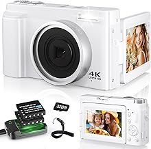 Digital Camera 4K, 48MP 16X Autofocus Digital Zoom Photo Camera, 3 Inch 180° Flip LCD Screen HD Compact Vlog Camera with Charging Station, 2 * 800 mAh Batteries, 32GB Card for Beginners, Children