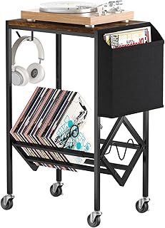 lesolar Record Player Stand,Record Player Table Storage Albums Magazine,Turntable Stand with Organizer Pocket and Wheels,Vinyl Record Storage Holder Table for Living Room Bedroom