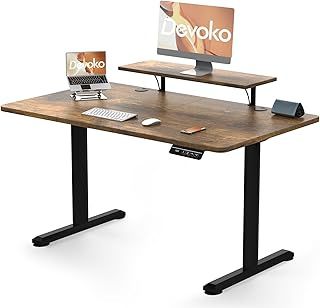 120 x 60cm Standing Desk with Monitor Stand, Height Adjustable Electric Standing Desk, Stand Up Table for Home Office with 2 Memory Smart Pannel (Rustic Brown)