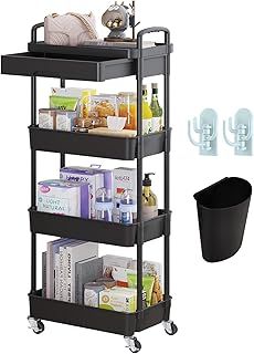 Wuciray 4-Tier Storage Trolley on Wheels With Drawer - Plastic Beauty Rolling Utility Cart for Home, Kitchen, Bathroom, Laundry, Office - Black