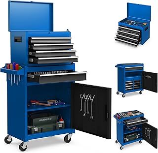 COSTWAY Large Rolling Tool Cabinet, 2-in-1 Detachable Metal Tool Chest with Drawers, Wheel, Handle, Hooks & Pegboard, Lockable Tool Box Trolley for Garage Workshop (with Adjustable Shelf, Blue+Black)
