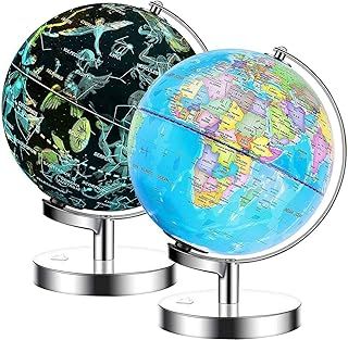 Exerz Illuminated World Globe 23cm diameter metal base - 2 in 1 Light up Cable Free LED lamp - Political Map/Constellation Stars - Day and Night