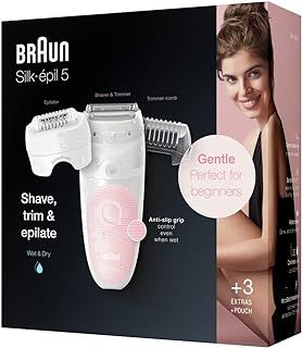 Braun Silk-épil 5 Epilator, Hair Removal, 3 In 1, Includes Shaver & Trimmer Head, Cordless, Gentle Hair Removal Setting, Wet & Dry, 100% Waterproof, UK 2 Pin Plug, 5-620, White/Pink