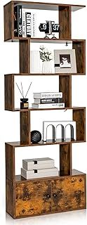 COSTWAY Wooden Bookcase, 5/6-Tier S-Shaped Storage Bookshelf with Cabinet, Freestanding Tall Display Shelf Open Rack Shelving Unit Divider for Living Room, Bedroom and Office (Rustic Brown)