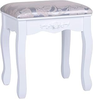 Joolihome Dressing Table Stool, Padded Bench Chair Makeup Seat Baroque Piano Chair White with Rubberwood Legs