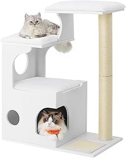 Feandrea WoodyWonders Cat Tree, 86 cm Modern Cat Tower with Cat Cave, 3 Perches, Scratching Post and Mat, Removable Washable Plush Cushions, Cloud White PCT070W01