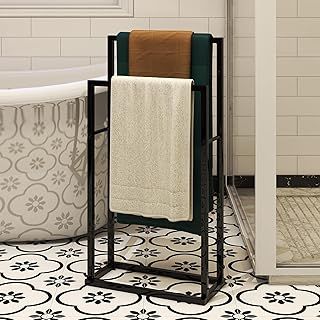 2-Tier Freestanding Towel Rail Metal Chrome Towel Rack Stand, Anti-rust Painting Ladder Towel Holder, for Bathroom Accessories Organizer, Bath Storage & Hand Towels, Black