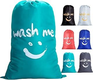IHOMAGIC Extra Large Laundry Bag with Drawstring, Jumbo Size Washing Bag, Foldable Laundry Bag, 420D Durable Fabric Polyester Storage Bag for College Dorm 63x93cm, Blue Smile