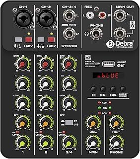 Audio Mixer,D Debra V4 4-channel DJ Mixer with MP3 USB Bluetooth, 48V Phantom Power, Sound Mixing Board for Live, Wedding, Party, Recording Broadcast (Black)