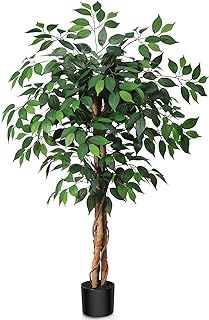 120cm Artificial Ficus Tree with Natural Wood Trunk, Silk Fake Ficus Tree in Plastic Nursery Pot, Faux Plant for Office Home, Indoor Outdoor Decor, 1 Pack