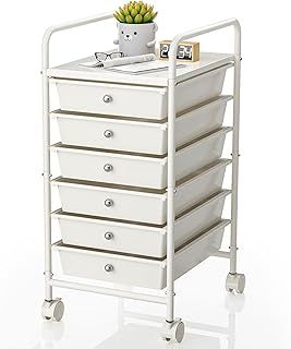 6 Drawers Plastic Storage Cart, Multipurpose Mobile Organizer Shelving Unit with Lockable Wheels, Rolling Cart Storage Trolley for Home Office Stationery Makeup Beauty & Salon