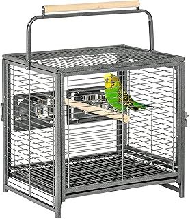 Pawhut Metal Parrot Cage Bird Carrier Travel Wooden Perch Cup Holder Handle Black