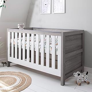 Tutti Bambini Modena Baby Cot Bed - 3-in-1 Wooden Baby Cot/Crib, Toddler & Day Bed with Teething Rails & Adjustable Base, from Birth to 6 Years, Grey Ash & White (140 x 70 cm)