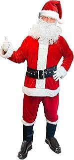 Christmas Santa Claus Costume Set. Deluxe Adult Size Santa Costume Set of 7. Hat with Wig, Beard, Suit, Gloves, Belt, Pants, Boots.