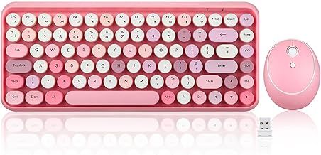 Perixx PERIDUO-713 Wireless 2.4 GHz Cute Keyboard and Mouse Combo, Retro Round Key Caps, UK Layout, Pastel Pink
