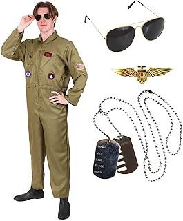 I LOVE FANCY DRESS Adults Pilots Aviator Costume - Air Pilot Jumpsuit Men Pilot Costume Aviator Jump Suit, Sunglasses, Pilot Badge & Dog Tags