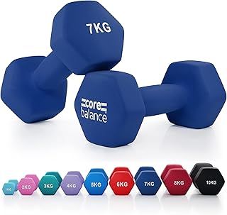 Core Balance Dumbbell Pair Hex Weight Neoprene Coated Cast Iron Strength Training (2 x 1kg, 2kg, 3kg, 4kg, 5kg, 6kg, 7kg, 8kg, or 10kg)
