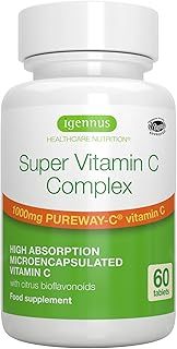 Super Vitamin C Complex 1000mg, High Absorption 24-Hour Action Pureway-C, Clean Ingredients, Non-Acidic & Gentle, Vegan, 60 One-A-Day Tablets, by Igennus