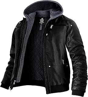 Men's Causal Stand Collar Leather Jacket with Removable Hood Motorcycle Bomber Jacket Faux Leather Vintage Windproof Coat