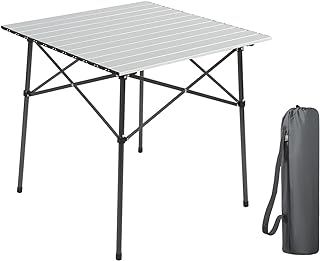 Portal Aluminium Folding Camping Table Square Roll Up Top 4 Person Compact Garden Table with Carry Bag for Picnic Camp Backyard BBQ, Silver