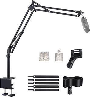 Microphone Stand Mic Boom Arm for Blue Yeti HyperX QuadCast SoloCast Elgato Wave Nano Snowball Shure SM7B SM58 Q2U Fifine K688 AM8 and More Mic, Overhead Desk Mic Stand with 5/8" 1/4" Adapter