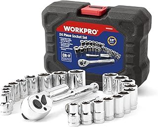WORKPRO 24PC Socket Set 3/8" Ratchet Drive Sockets Wrench, 11pc Metric & 10pc SAE Sockets, Extension Bar Spark Plug Rachet Set Spanners with Blow Molded Case